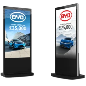 65" 4K Black Android Freestanding Digital Poster, USB Plug and Play, lightweightLightweight Design, Internal Locker, Eco-Friendly Power Timer, 24/7 Usage